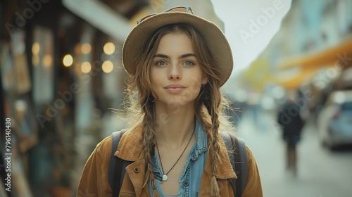 Young blonde woman with blue eyes, boho style, walking down the street