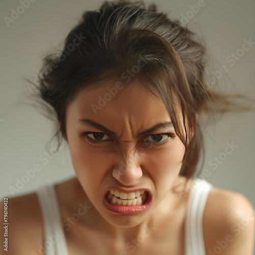 Asian woman teeth clenched  looking angry, frustrated, upset