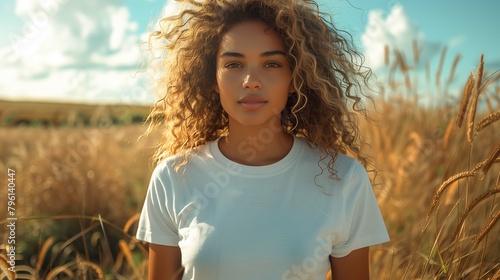 realistic rendering capturing the essence of a beautiful model wearing a Bella oversize white t-shirt, standing amidst a country  framed by a boho background photo