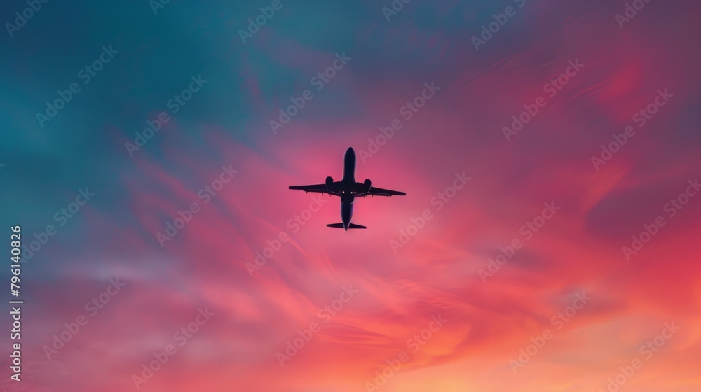 A commercial airliner ascending into a vibrant sunset sky, its silhouette framed by the colorful hues of dusk, symbolizing the journey towards new horizons. A commercial airliner ascending into a vibrant sunset sky, its silhouette framed by the colorful hues of dusk, symbolizing the journey towards new horizons.