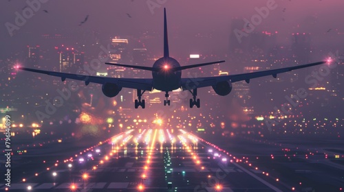 A commercial airliner descending towards the airport, its sleek silhouette illuminated by the city lights below, heralding the end of a journey and the beginning of new adventures.