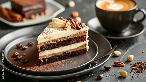 chocolate cream cake with nuts on a plate and a cup of cappuccino coffe on a black table