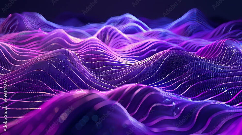 Fototapeta premium An abstract flowing neon wave pulses with vibrant purple hues, creating a mesmerizing background that shimmers with movement and energy, reminiscent of a futuristic digital landscape