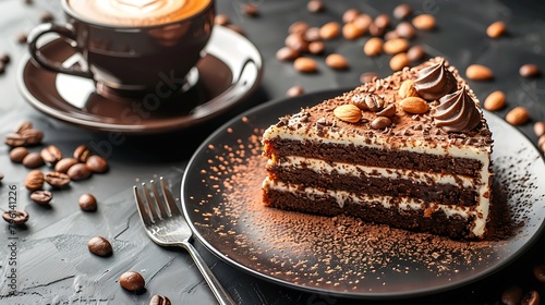 chocolate cream cake with nuts on a plate and a cup of cappuccino coffe on a black table