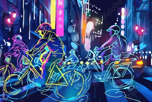 Cartoon cute doodles of characters riding neon bicycles through a bustling city street, dodging traffic and enjoying the sights, Generative AI photo