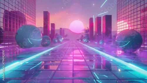 futuristic neon landscape. retro futurism background 1980s style 3d illustration. seamless looping overlay 4k virtual video animation background photo