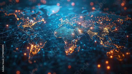 Abstract world map, concept of global network and connectivity, international data transfer and cyber technology, worldwide business, information exchange and telecommunication #796143005