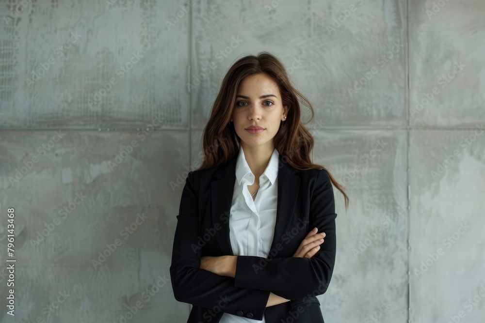 In front of the clear cement background, the designer style business portrait exudes the expertise and confidence of the business woman in the modern workplace In front of the clear cement background, the designer style business portrait exudes the expertise and confidence of the business woman in the modern workplace