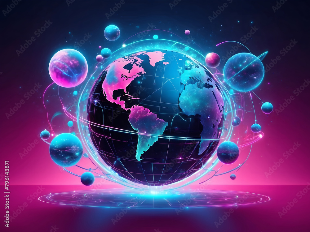 Social network, background design with digital neon hologram planet surrounded with floating social network elements on pink and blue background design. Social network, background design with digital neon hologram planet surrounded with floating social network elements on pink and blue background design.