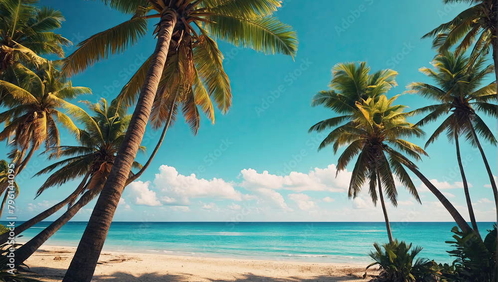 Panorama of a tropical paradise beach with palm trees and white sand on the ocean shore. trip to the sea in a warm summer climate, a vacation tour. 