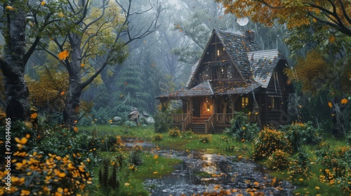A cozy cabin in the woods surrounded by rain-drenched foliage, the perfect retreat to escape the hustle and bustle of daily life during the rainy season.