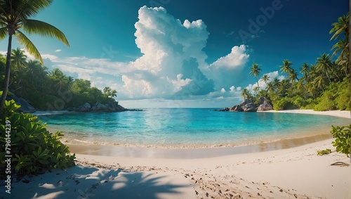 Fototapeta Naklejka Na Ścianę i Meble -  Panorama of a tropical paradise beach with palm trees and white sand on the ocean shore. trip to the sea in a warm summer climate, a vacation tour. 