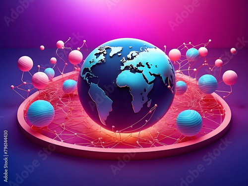 Social network, background design with digital neon hologram planet surrounded with floating social network elements on pink and blue background design.