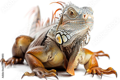 An iguana basking in the sun  isolated on a white background