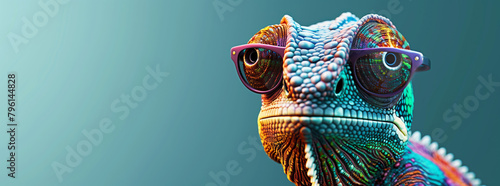 A chameleon wearing sunglasses, funny adorable animal character
