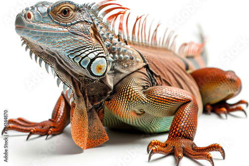 An iguana basking in the sun, isolated on a white background photo