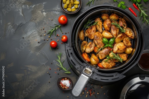 chicken with potatoes cooked in air fryer isolated in black background with copy space.  photo