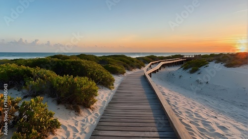 With few bushes throughout its length  the boardwalk leads to a white sand beach and the ocean at sunset.