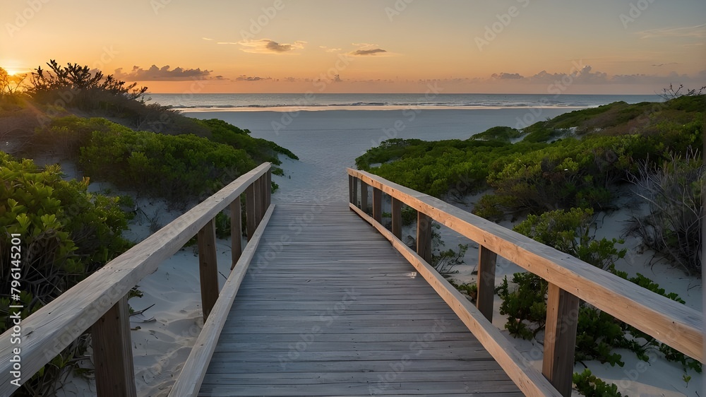 With few bushes throughout its length, the boardwalk leads to a white sand beach and the ocean at sunset.