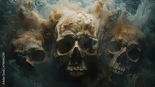 Symbolizing Death: Creepy Dusty Skulls and Bones in Dark Abstract Background. Concept Dark Photography, Skull Imagery, Symbolism of Death, Creepy Atmosphere, Abstract Backgrounds photo