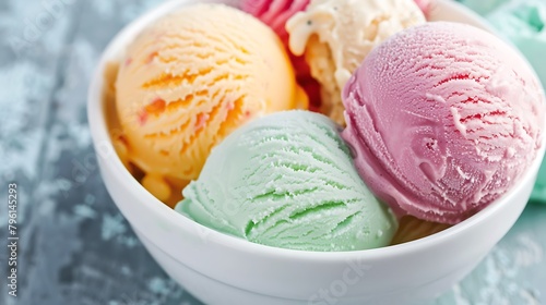 Colorful ive cream scoops in white bowl photo