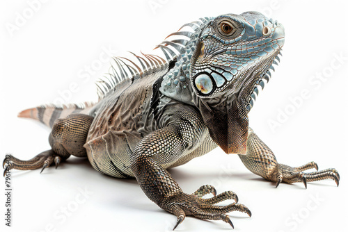 An iguana basking in the sun  isolated on a white background