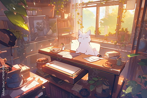 cute cat ​​in the cozy interior, generative background ai