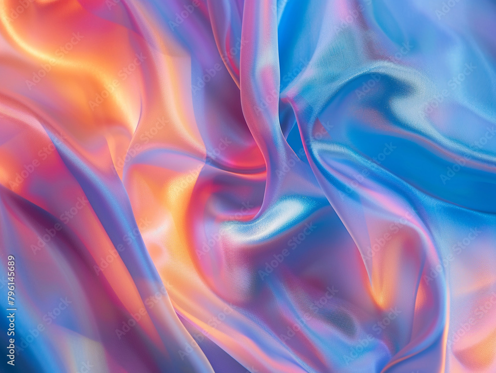 Silk shiny fabric with large folds, rainbow abstract cloth background, pastel iridescent holographic colors