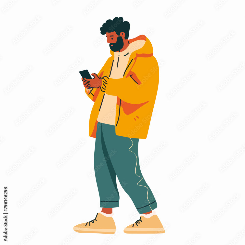 Young hipster man using mobile phone. Vector illustration in flat style Young hipster man using mobile phone. Vector illustration in flat style