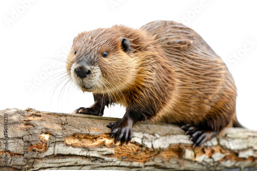 A beaver gnawing on a log, isolated on a white background
