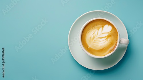 cup of cappuccino on blue background photo