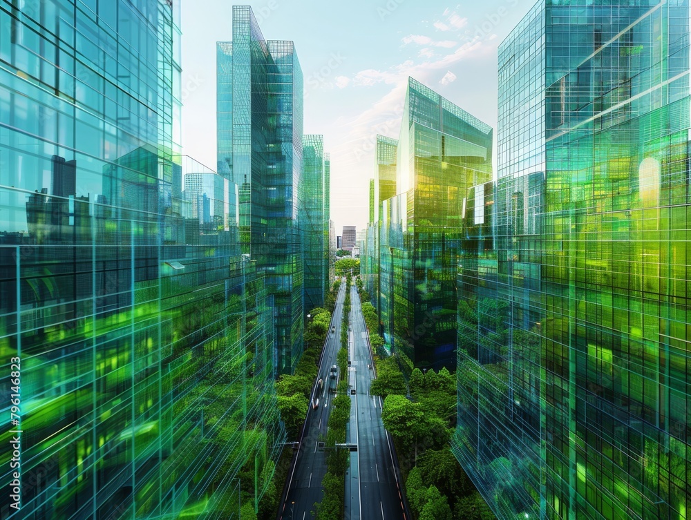 The fusion of a bustling city skyline with a green digital data overlay exhibits the dynamic intersection of urbanism and technology
