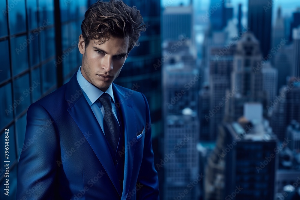 Fototapeta premium Businessman looking at tall skyscrapers against a background of blue sky with clouds.