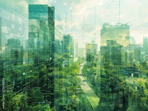 Intricate green data patterns imposed on a city landscape represent the growing integration of technology and green energy solutions photo