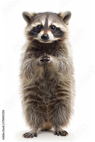 A raccoon standing on its hind legs, isolated on a white background