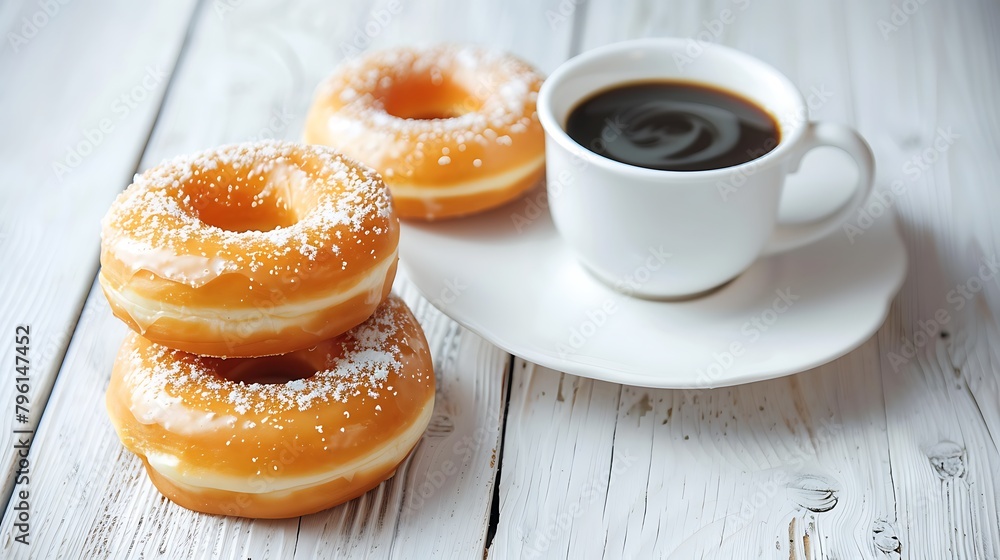 Delicious glazed donuts and coffee on white wooden table Delicious glazed donuts and coffee on white wooden table