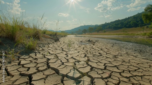 A cracked, dry riverbed under scorching sun, illustrating the harsh reality of drought