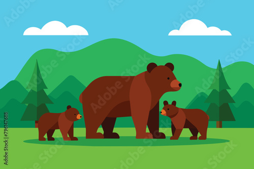 Brown bear, ursus arctos, mother with two cubs on green meadow with copy space. Wide panoramic banner of wild mammal with her lovely offspring's. Animal wildlife in nature photo