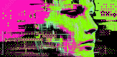 Glitched and pixelated silhouette of a 3D human head on a dark background. Conceptual vector illustration about man in the age of technology. 