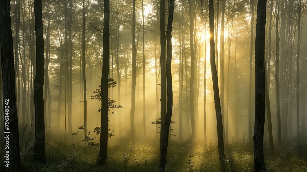 Obraz premium The deciduous forest in the fog is a majestic and mysterious sight. Fog creates an atmosphere of mystery, enveloping tree trunks and creating openwork plays of light and shadow. The sun's rays penetra