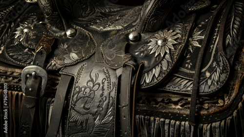 The flickering light of a lantern casts eerie shadows on a black leather saddle adorned with silver conchos and tassels. . photo