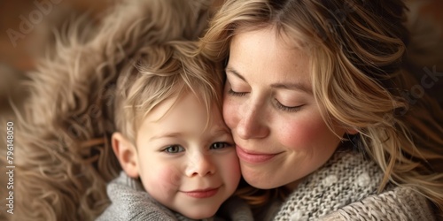 A tender moment between a smiling woman and her child in a cozy, intimate setting