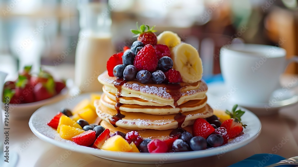 delicious pancake with fresh fruits and iced mocha for breakfast in a restaurant delicious pancake with fresh fruits and iced mocha for breakfast in a restaurant