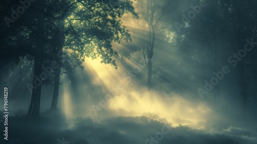 The deciduous forest in the fog is a majestic and mysterious sight. Fog creates an atmosphere of mystery, enveloping tree trunks and creating openwork plays of light and shadow. The sun's rays penetra photo