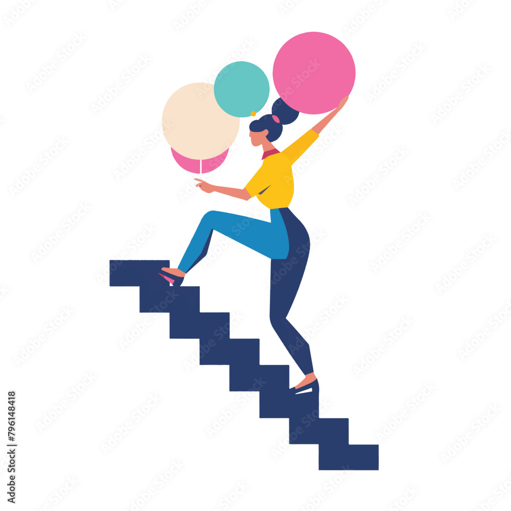 A woman walking up a staircase carrying and juggling many different objects A woman walking up a staircase carrying and juggling many different objects