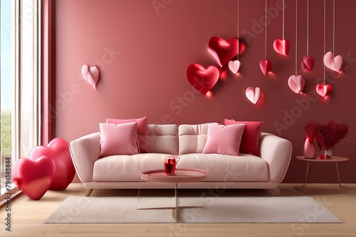 Interior of living room with sofa and decor for Valentine's Day with pink and red hearts and copy space background.