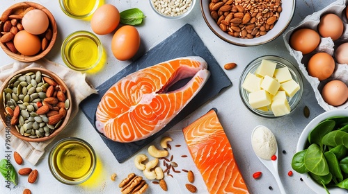 Wallpaper Mural Food rich in omega 3 fatty acid and healthy fats. Healthy keto and low carb diet eating concept. top view Torontodigital.ca