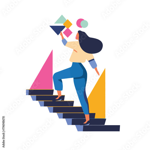 A woman walking up a staircase carrying and juggling many different objects