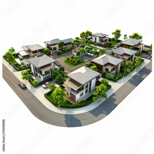 3D Render of a beachfront housing development with contemporary beach houses, on isolated white background, Generative AI