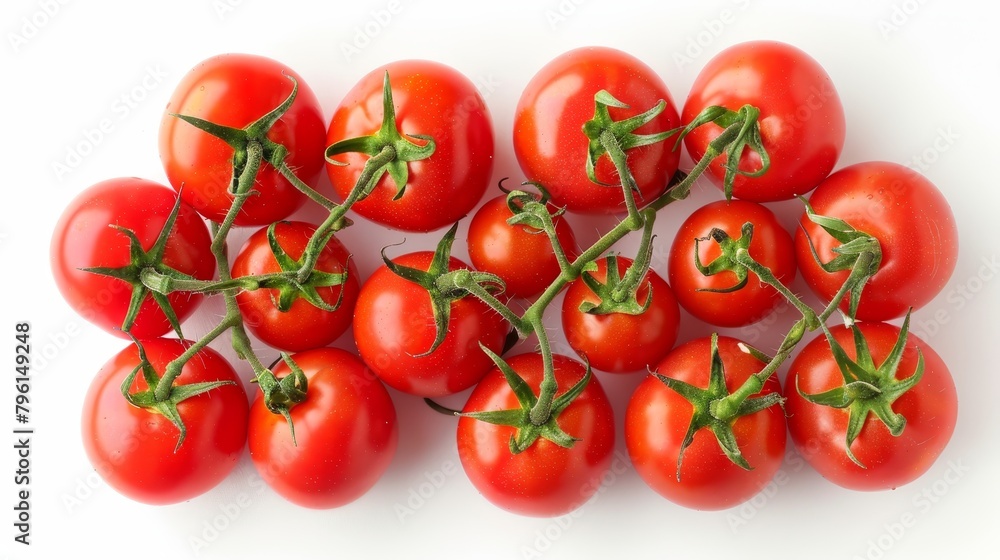 Lush top view of a cluster of ripe tomatoes, showcasing the rich lycopene content, ideal for health-focused advertising, isolated on white, studio lighting Lush top view of a cluster of ripe tomatoes, showcasing the rich lycopene content, ideal for health-focused advertising, isolated on white, studio lighting